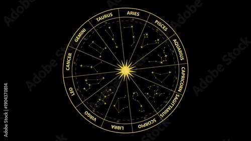 Golden zodiac wheel animation with 12 astrological constellation signs and fade-in effect. Luxury astrology overlay on alpha channel BG, ideal for horoscope, spiritual, cosmic and astrology projects