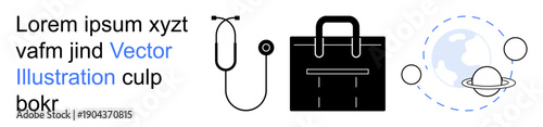 Healthcare, education, exploration, technology, professional work, astronomy. A stethoscope, a professional bag and planetary orbits. Healthcare and education visually in a symbolic approach