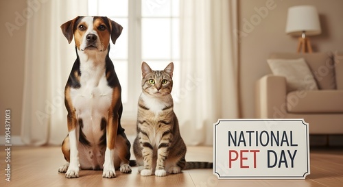 Dog and cat sit together indoors near a sign for National Pet Day