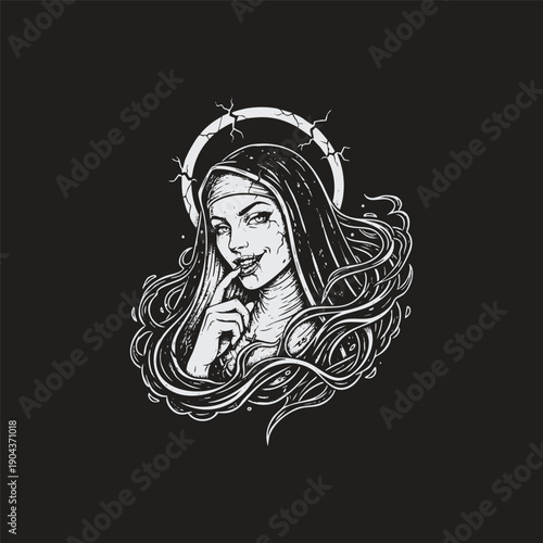 Vintage engraving illustration of a sassy, seductive nun with long flowing hair, a smirk, and a cracked glowing halo.