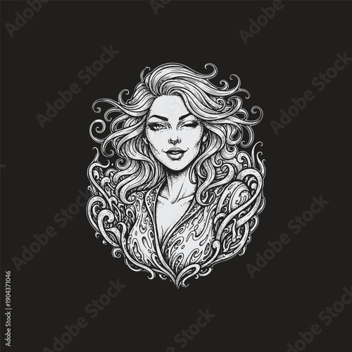 Vintage engraving illustration of a beautiful winking woman surrounded by flowing fluid ornaments and swirling hair.