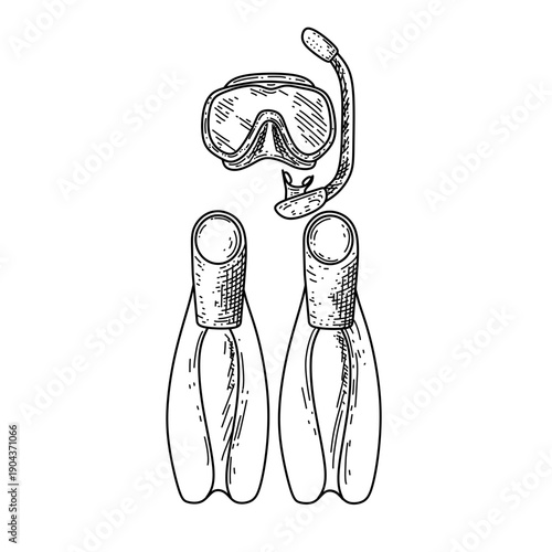 hand drawn diving gear set line art vector illustration