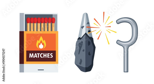 Survival tools illustration showing a box of matches a sparking flint rock and a metal striker for starting fire outdoors