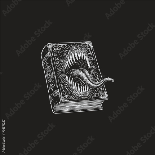Vintage engraving illustration of a mystical forbidden grimoire book with a monstrous toothy mouth and long tongue.