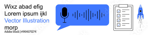 Audio communication, productivity tools, innovation strategy, project planning, messaging, creative growth. Speech bubble, microphone checklist and rocket illustration. Audio communication