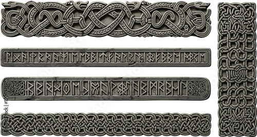 Ornate grey stone carvings feature Viking knotwork designs and ancient runic inscriptions presented as decorative borders.