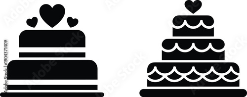 Wedding and celebration cake silhouette vector illustration, tiered dessert icons with heart decorations, romantic artwork, festive design elements, party graphics