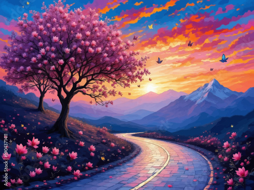 A winding road leads through a vibrant landscape of blooming cherry blossom trees and rolling hills under a dramatic sunset sky.