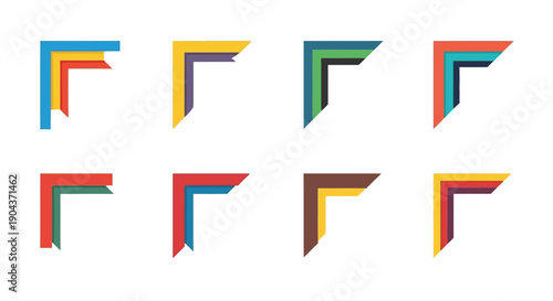 Collection of eight colorful layered chevron corner elements perfect for graphic design borders and infographic annotations