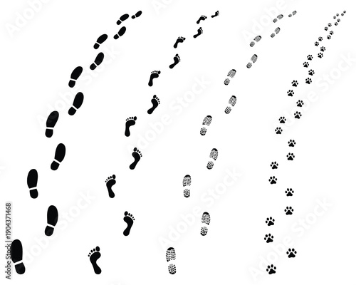 Trail of human bare footstep, shoes and dog paws, turn right or left