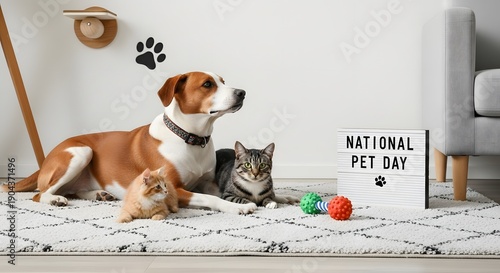 Dog and cats celebrate National Pet Day together on the rug