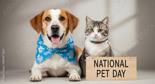 Happy Dog And Cat Celebrate National Pet Day Together With Sign