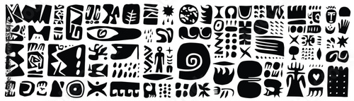 Nature life form on the earth , human plants animals space abstract graphic illustration ,
 sign and symbols  vector design elements , primitive shape puzzle style