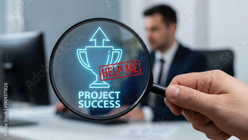 High stress functioning depression in office, project success trophy icon with help me message under magnifying glass, business anxiety concept