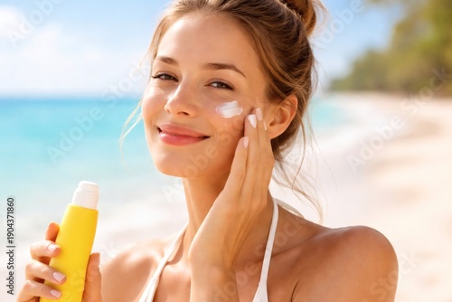 Woman applying sun protection lotion to cheek while holding sunscreen bottle on sandy beach near sea.