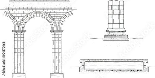 Architectural drawing displays cross-sections and elevation views of Romanesque twin arches supported by columns.