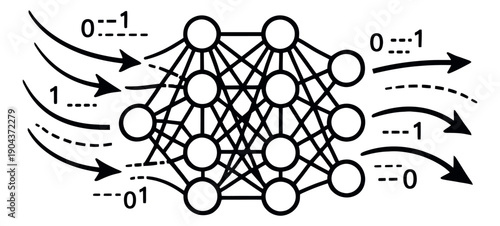 Line art illustration of a neural network depicting processing binary data for artificial intelligence concept