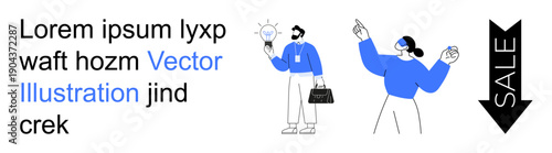 Business strategy, online shopping, creativity, marketing, innovation, entrepreneurship. Two characters with a lightbulb and sale arrow. Business strategy and online shopping theme