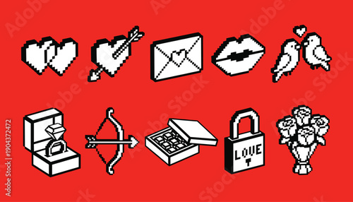 Pixel art icons for Valentines Day with hearts love birds and romance symbols on red background