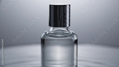 A clear glass bottle with a metallic cap likely containing a liquid sits on a reflective surface