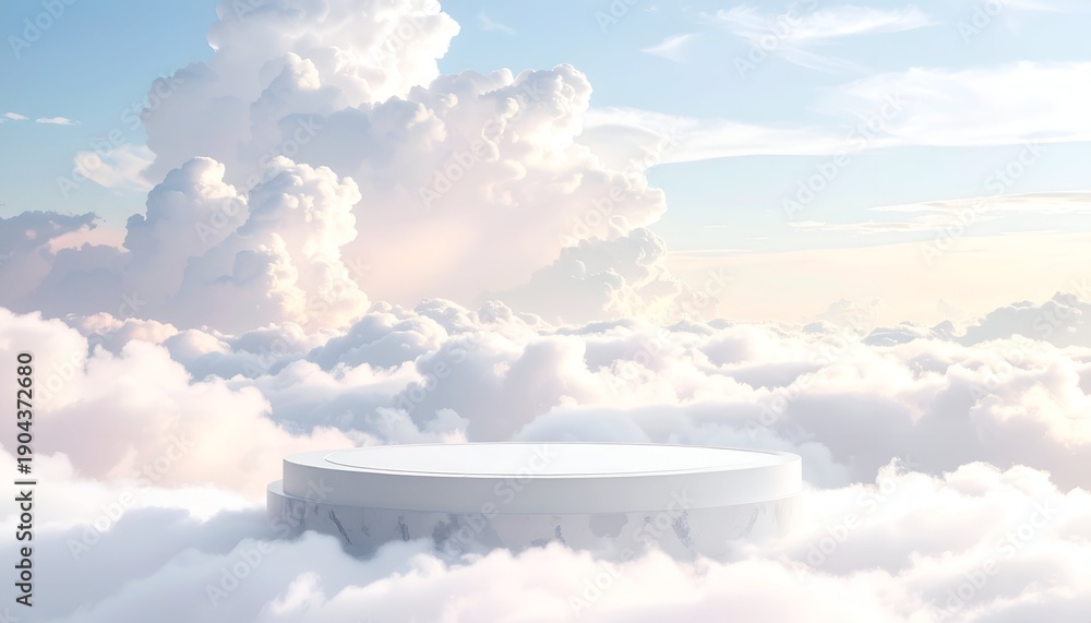 Fototapeta premium White Cylinder Podium on Blue Sky with Fluffy Clouds Background