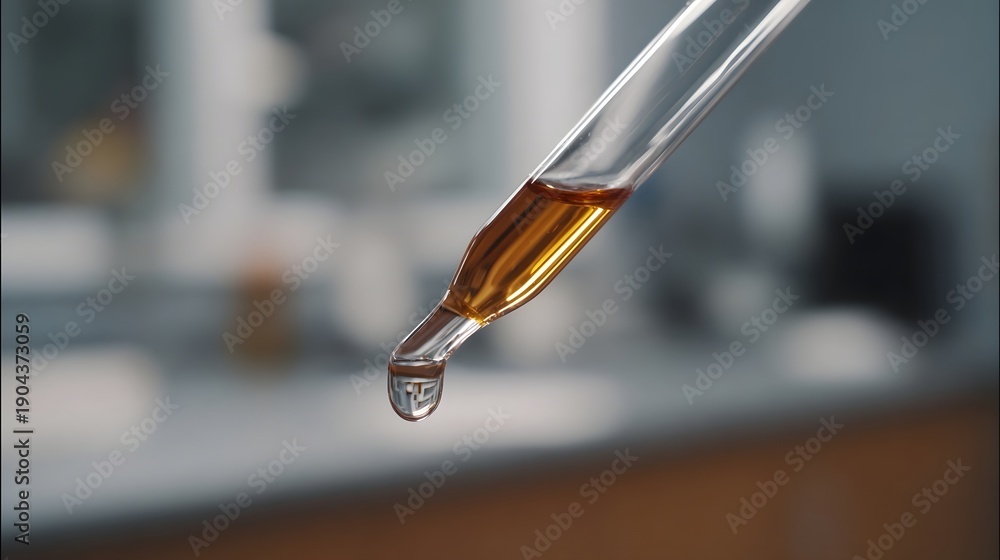 Naklejka premium ro view of a glass dropper pipette holding amber liquid with a single drop about to fall in a blurred laboratory setting