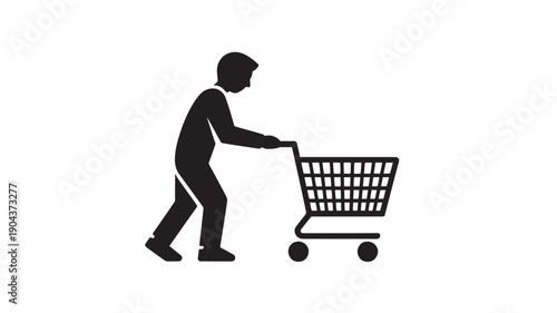 Man pushing shopping cart in simple silhouette style with black color on white background for retail illustration