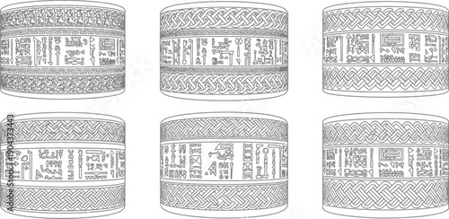 Six cylindrical objects display intricate, repeating geometric patterns and abstract text blocks in a monochrome layout.