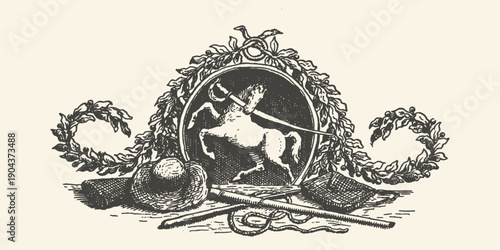 Vintage Engraving of Horse and Rider with Laurel Wreath and Equestrian Gear