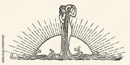 Art Nouveau Woman Pouring Water From Jug Over Sun Rays and Waves Illustration