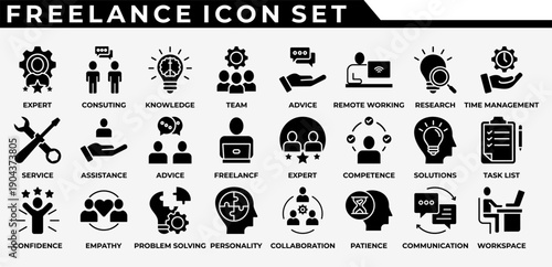 FREELANCE ICON SET support, service, consulting service, freelance, remote working, workspace, officeteam, collaboration, communication, empathy, confidence, competence, personalityknowledge,