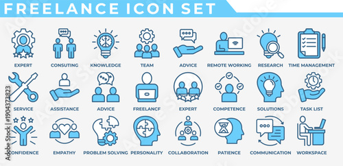 FREELANCE ICON SET support, service, consulting service, freelance, remote working, workspace, officeteam, collaboration, communication, empathy, confidence, competence, personalityknowledge,