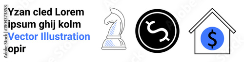 Strategy, financial planning, investment, money management, real estate, decision-making. Chess knight, dollar sign circle and house with blue coin. Strategy and financial planning concepts