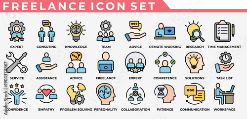 FREELANCE ICON SET support, service, consulting service, freelance, remote working, workspace, officeteam, collaboration, communication, empathy, confidence, competence, personalityknowledge,