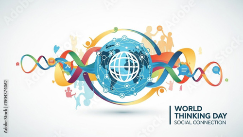 World thinking day social connection concept with globe and colorful dna ribbons on white background