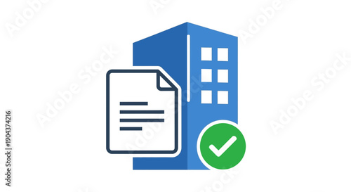 Blue stylized building icon representing successful completion of important corporate document submission or verified official registration process