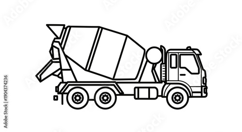 Minimalist black and white line art icon representing a heavy duty concrete mixer truck ready for construction site delivery