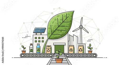 Illustration concept representing sustainable manufacturing processes involving renewable energy sources and eco-friendly product cycles on a dark background