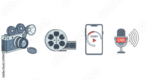 Vintage film camera celluloid reel classic movie format alongside modern smartphone video story and live broadcast microphone symbolizing content creation evolution
