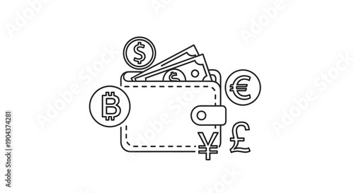Financial concept line art icon representing a wallet filled with various global currencies including digital and physical money symbols for exchange.