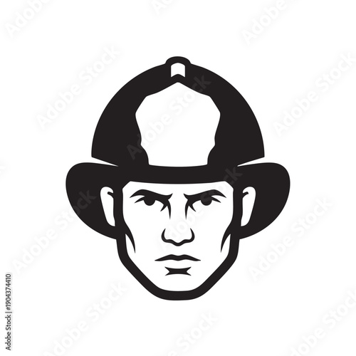 Intimidating Firefighter face in classic helmet, black and white vector illustration, symbol of bravery and protection.