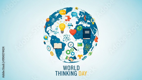 World thinking day concept with globe and icons on gradient background