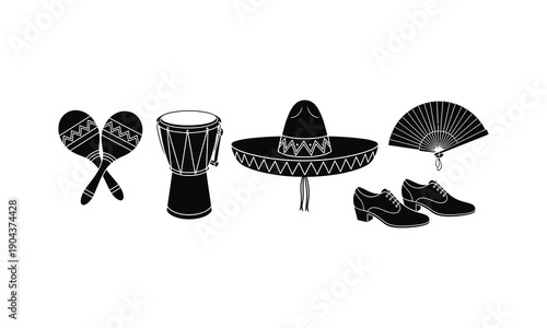 Mexican culture vector silhouette illustration. Traditional music line art instrument set