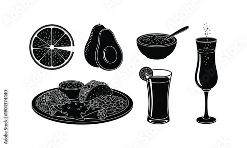 Mexican food and drink assortment orange avocado taco and tequila silhouette