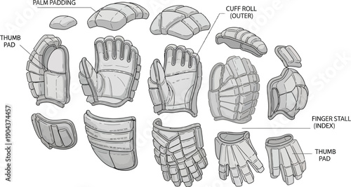 An exploded diagram illustrates the separate padded components that construct a complete pair of protective hockey gloves.