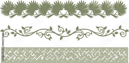 Three separate horizontal decorative borders feature botanical and geometric motifs in a muted olive green color palette.