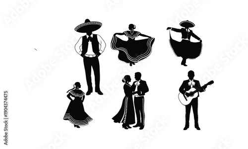 Mexican traditional mariachi silhouettes with folklore dancers and musicians vector line art
