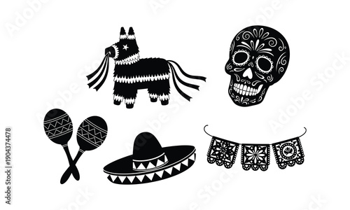 Mexican party symbols pinata sugar skull maracas sombrero silhouette vector
