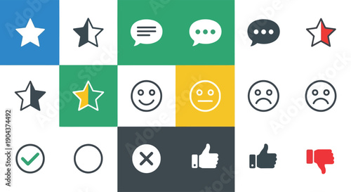 Vector UI feedback icons set: star rating, speech bubbles, emoji faces, checkmark, X mark, thumbs up and down, isolated on white