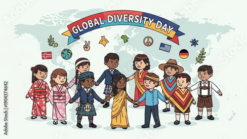 Children from diverse backgrounds celebrate global diversity day with hands clasped in unity and colorful flags